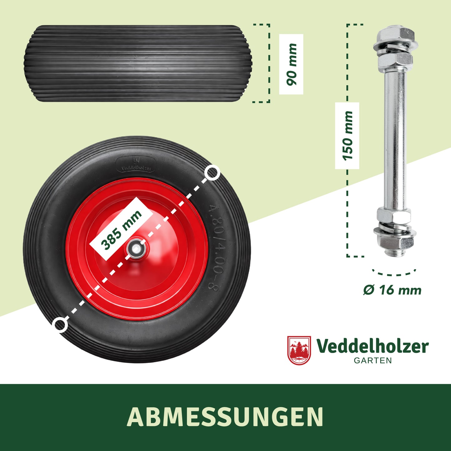 Veddelholzer PU Vollgummi Schubkarrenrad 4.80/4.00-8 – pannensicher