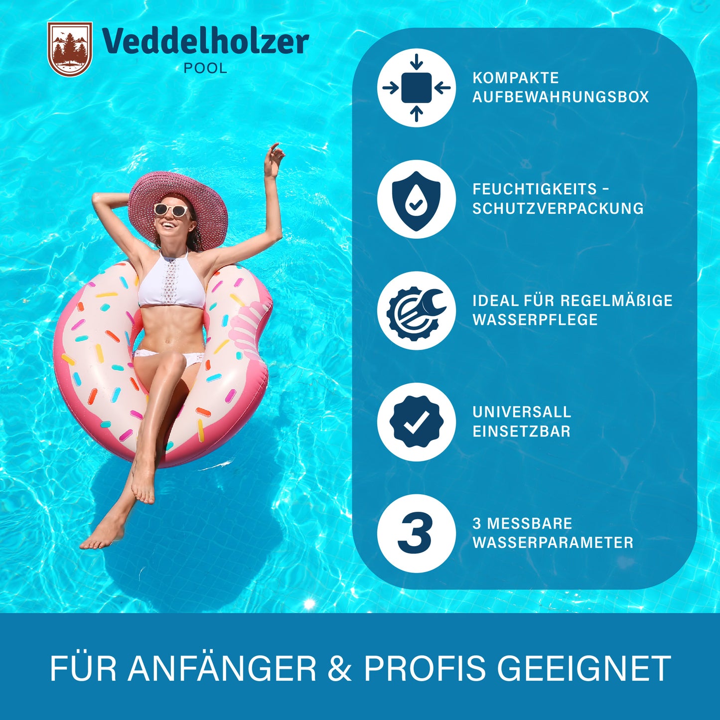 Veddelholzer 3-in-1 Pool Teststreifen 150 Stück – pH, Freies Chlor & Alkalinität messen | Schnelltest für Pool, Whirlpool & Spa