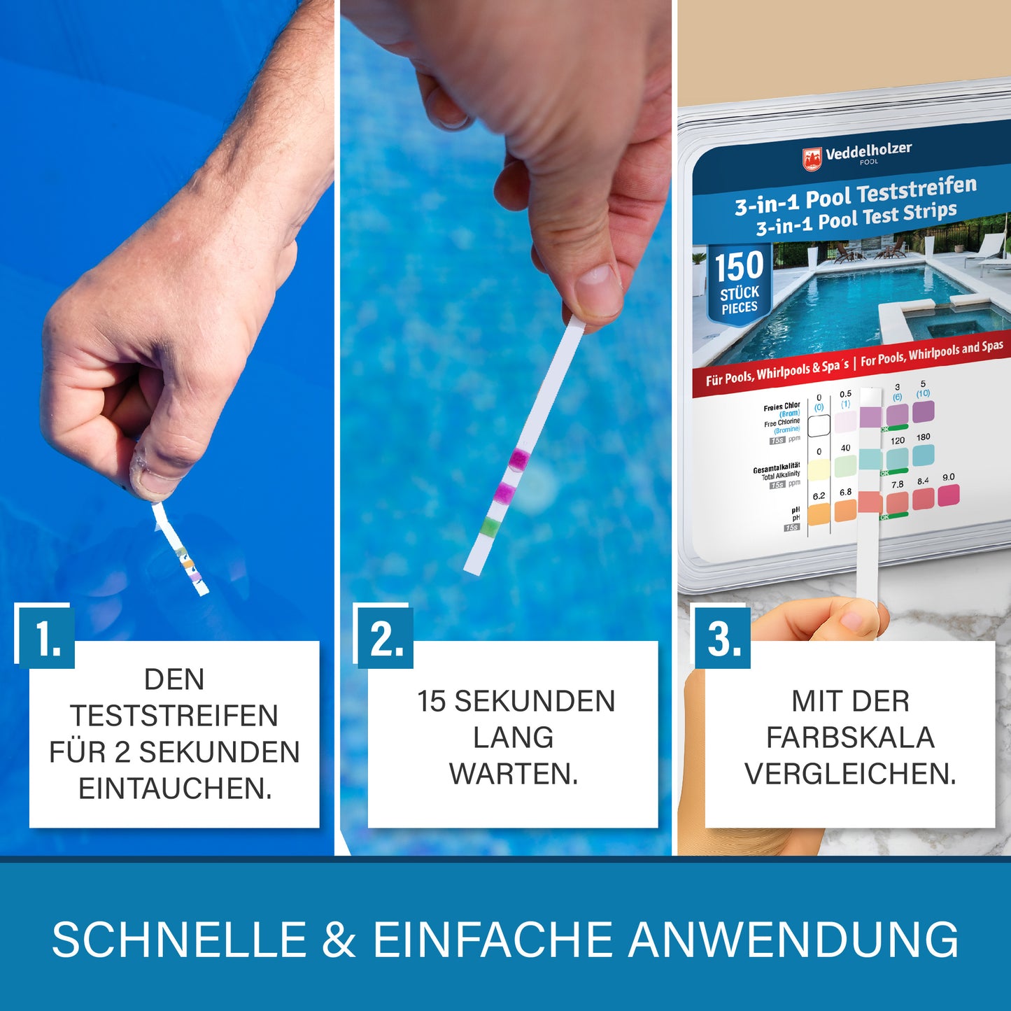 Veddelholzer 3-in-1 Pool Teststreifen 150 Stück – pH, Freies Chlor & Alkalinität messen | Schnelltest für Pool, Whirlpool & Spa