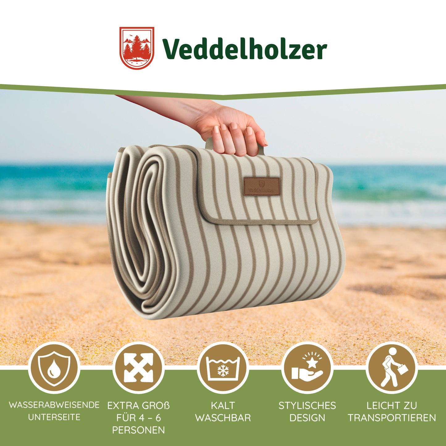 Veddelholzer Beach Picknickdecke 200x200cm – Stranddecke Outdoor