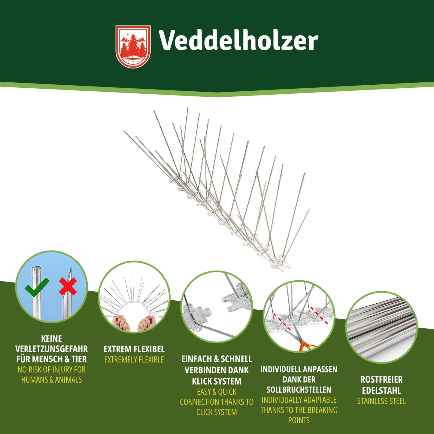 Veddelholzer Edelstahl Vogelabwehr 3m – Premium Taubenschutz Spikes