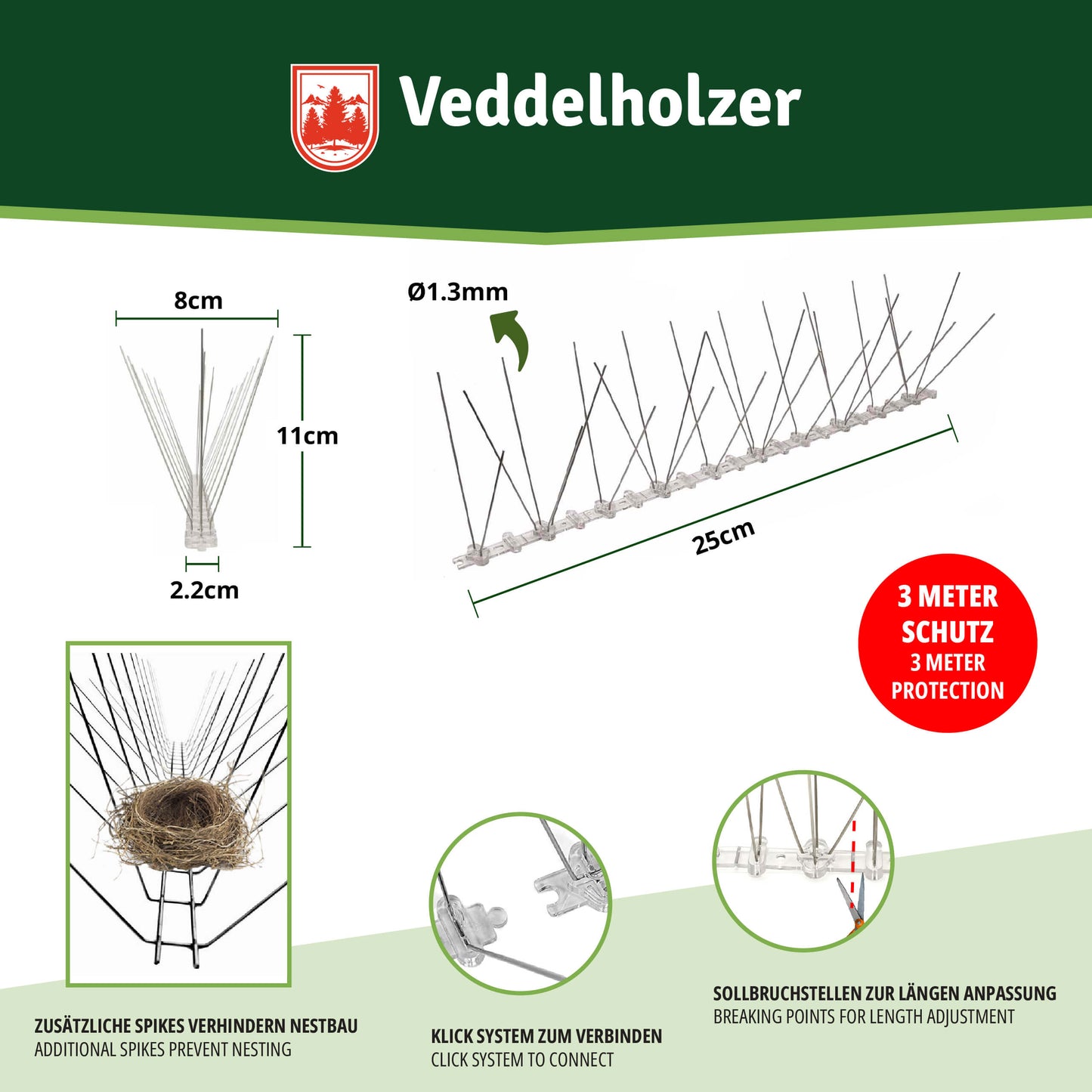 Veddelholzer Edelstahl Vogelabwehr 3m – Premium Taubenschutz Spikes
