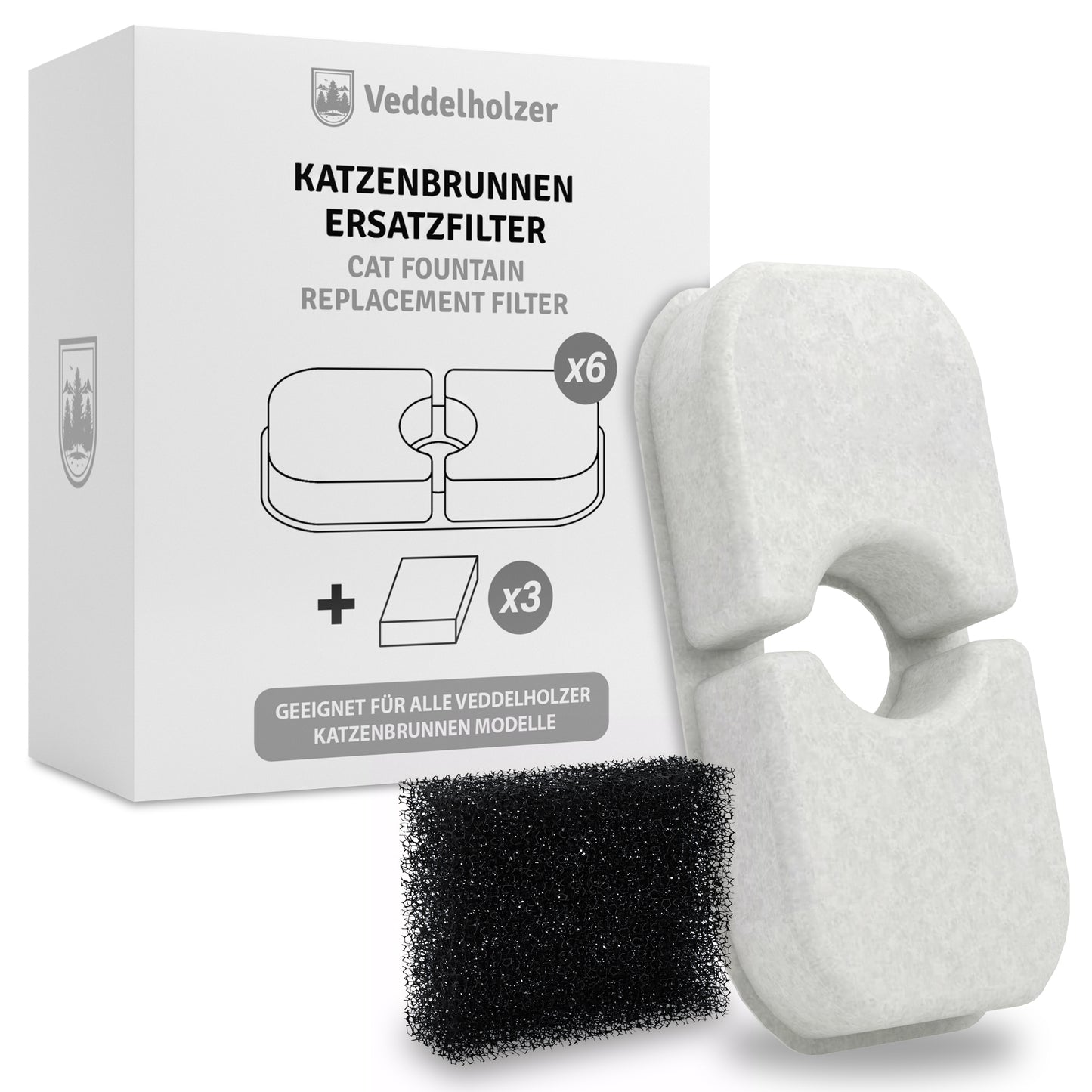 Veddelholzer Katzenbrunnen Filter Set – 6 Filter + 3 Ersatzschwämme