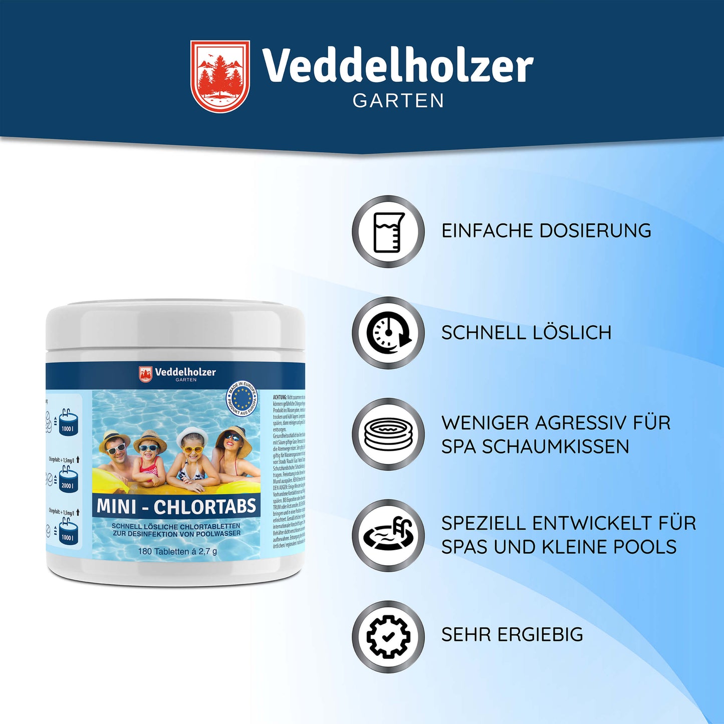 Veddelholzer Chlor Mini Tabs 180 Stück – Pool Chlortabletten für Wasserpflege