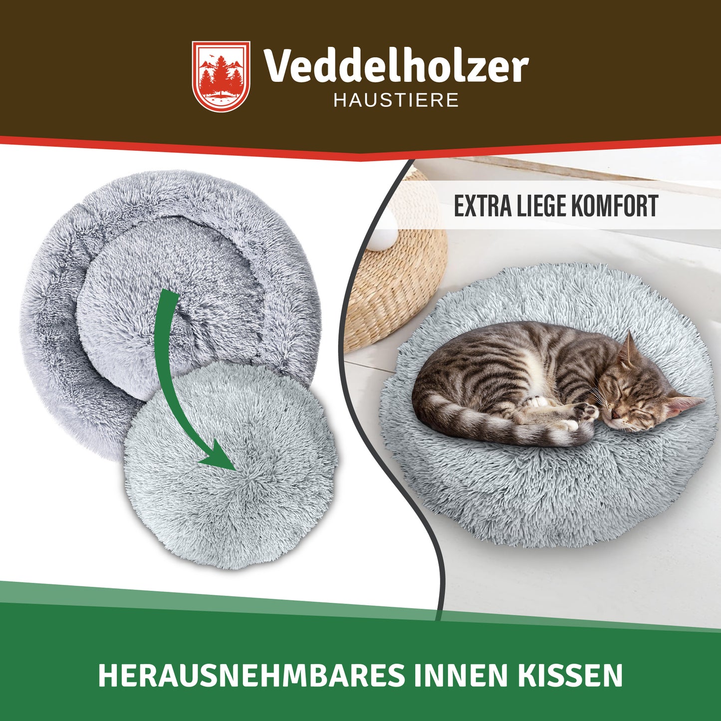 Veddelholzer Hundebett Hellgrau – Waschbar (Größenwahl)