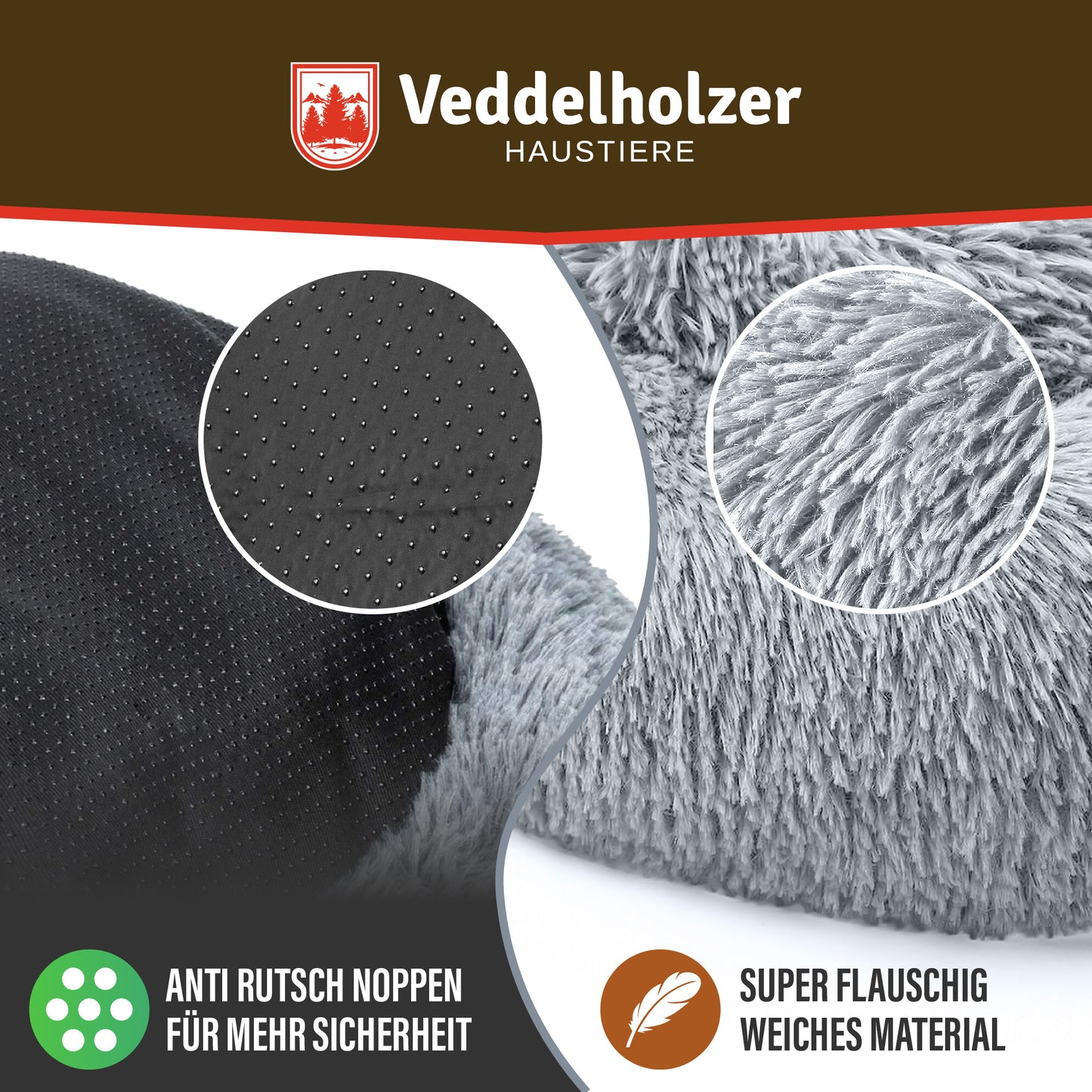 Veddelholzer Hundebett Hellgrau – Waschbar (Größenwahl)