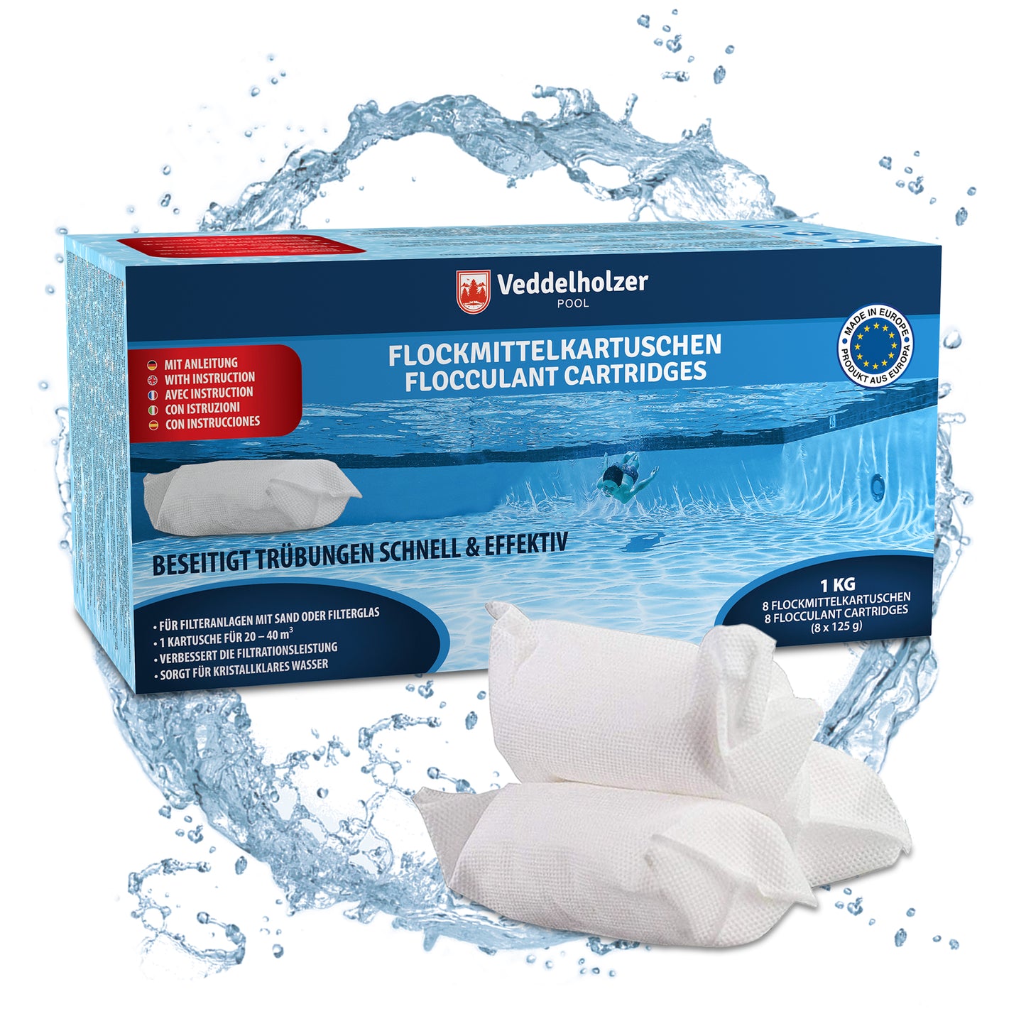Veddelholzer Flockmittel Kartuschen 1kg – 8 x 125g für Poolwasser