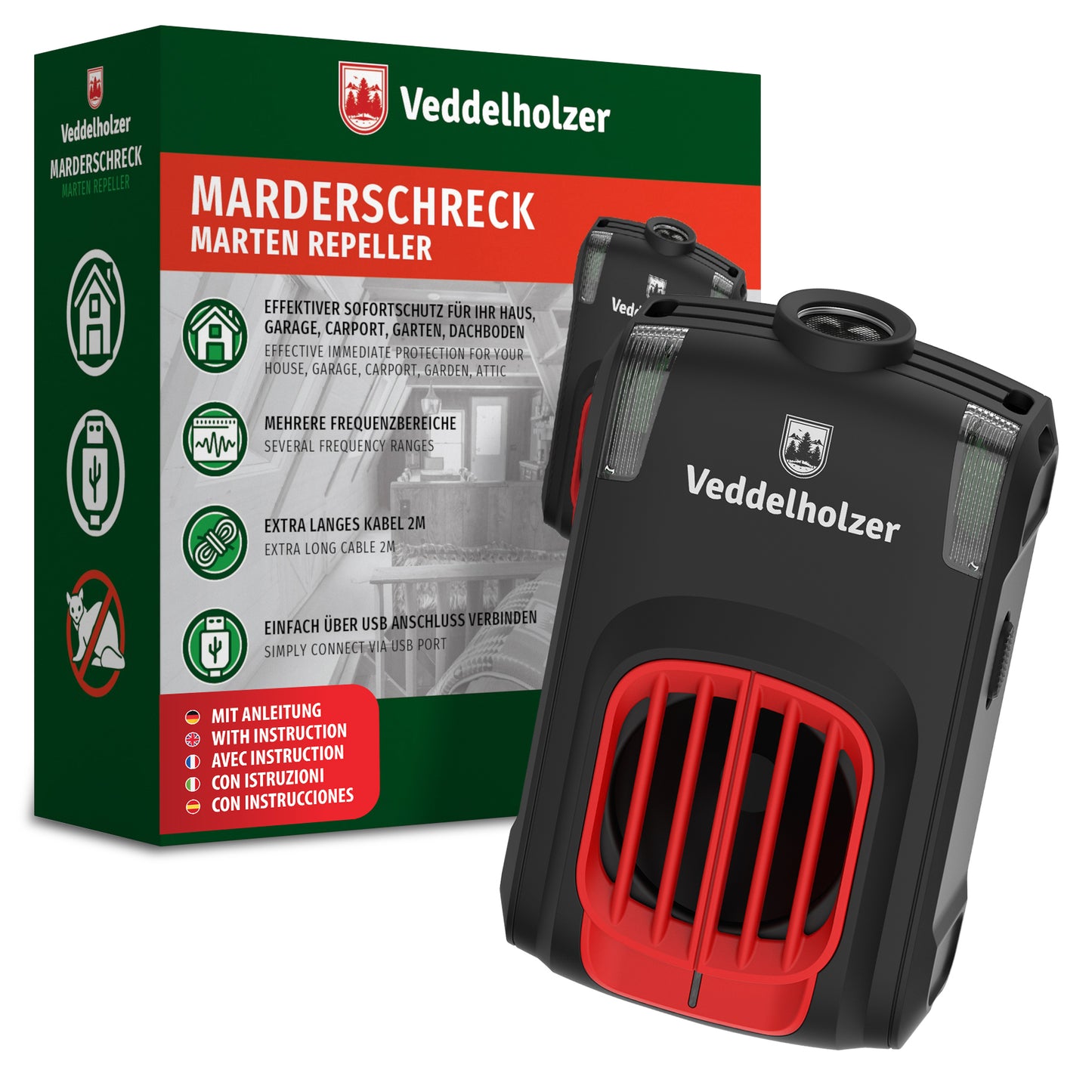 Veddelholzer Marderabwehr Ultraschall Gerät – USB Anschluss mit LED Blitzlicht