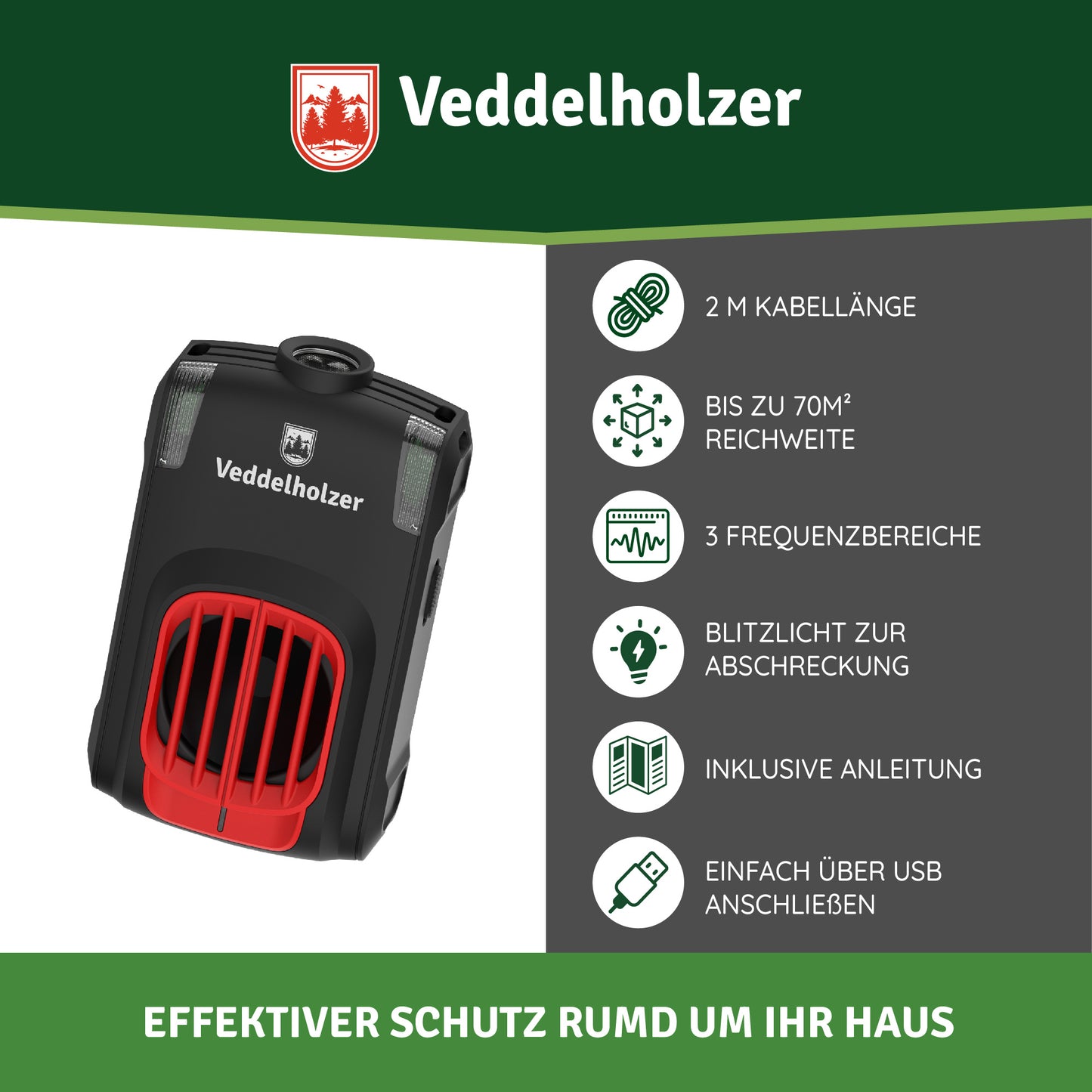 Veddelholzer Marderabwehr Ultraschall Gerät – USB Anschluss mit LED Blitzlicht