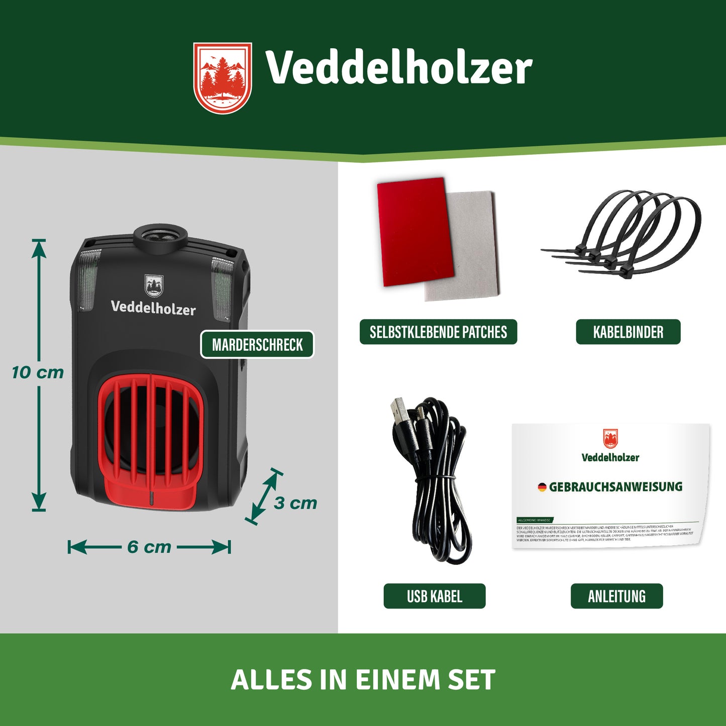 Veddelholzer Marderabwehr Ultraschall Gerät – USB Anschluss mit LED Blitzlicht