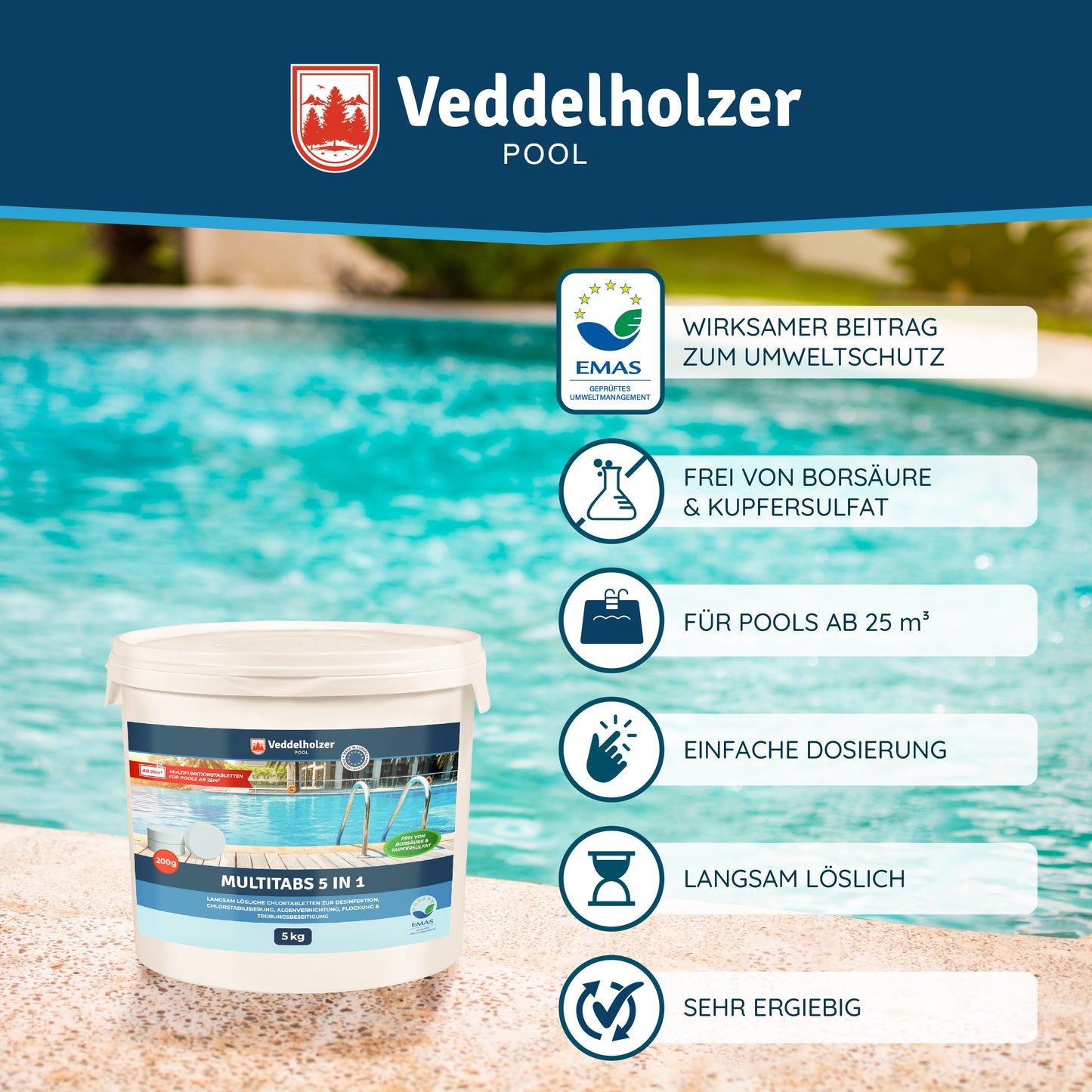 Veddelholzer Pool Multitabs 5kg – 200g Chlortabletten für Poolpflege