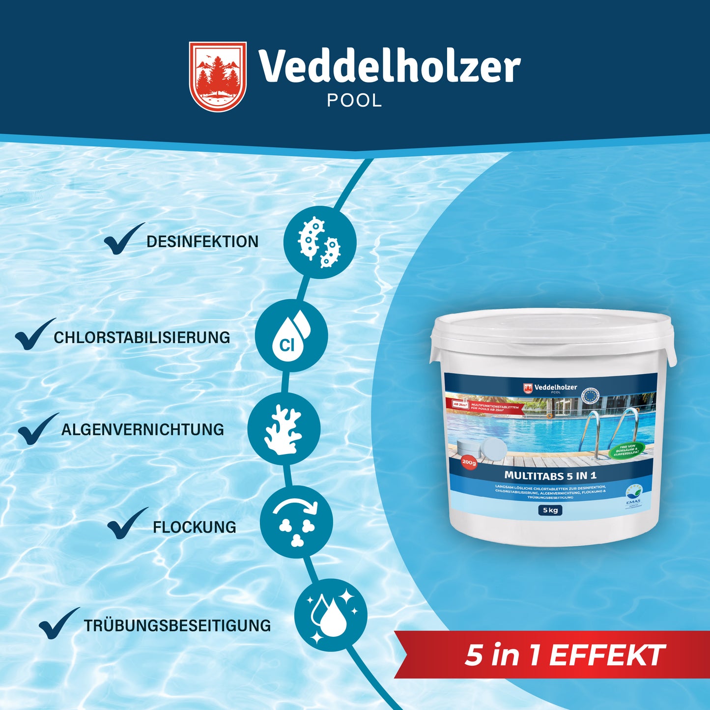 Veddelholzer Pool Multitabs 5kg – 200g Chlortabletten für Poolpflege