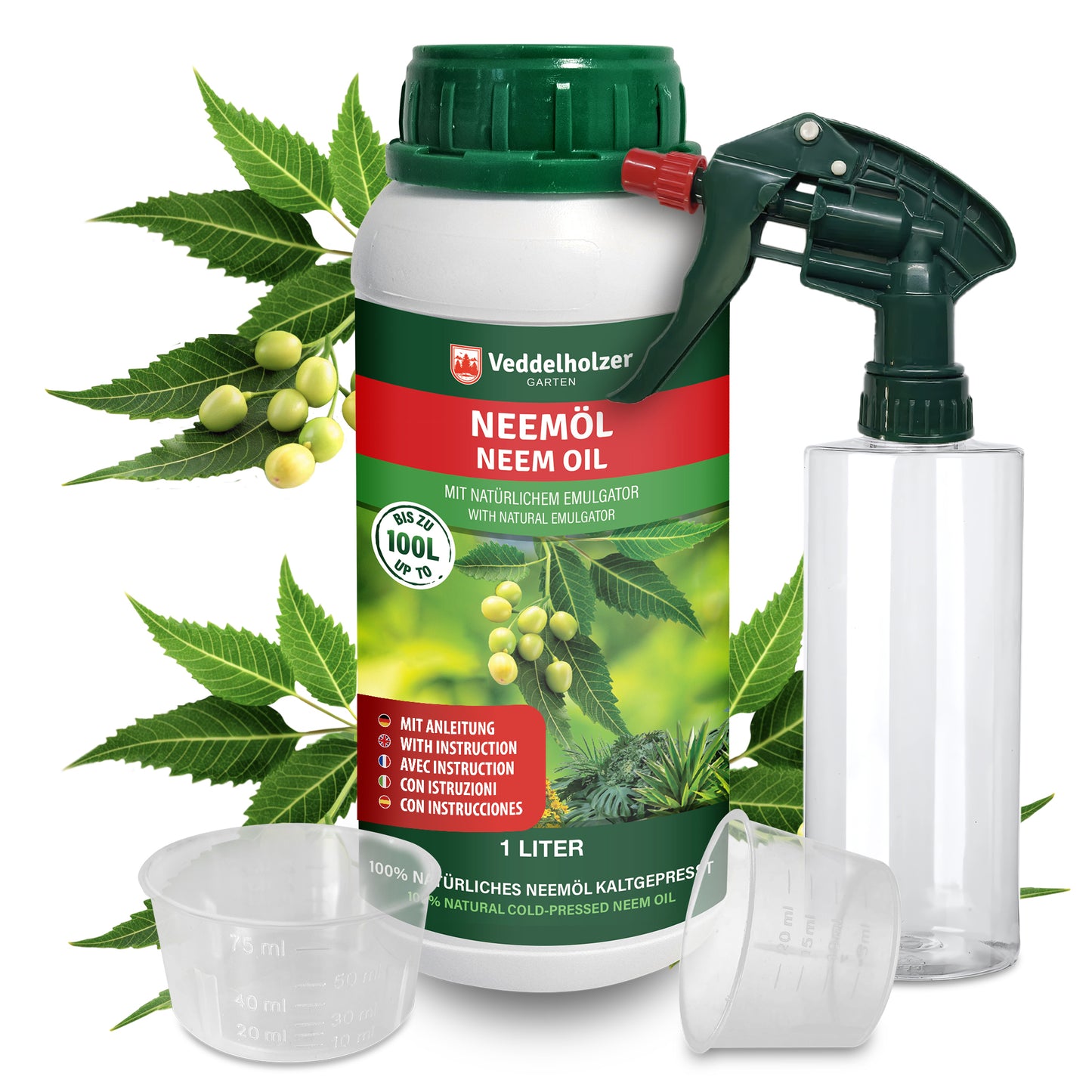 1000 ml premium cold-pressed 100% natural neem oil with natural emulsifier + 500 ml spray bottle & 2 measuring cups
