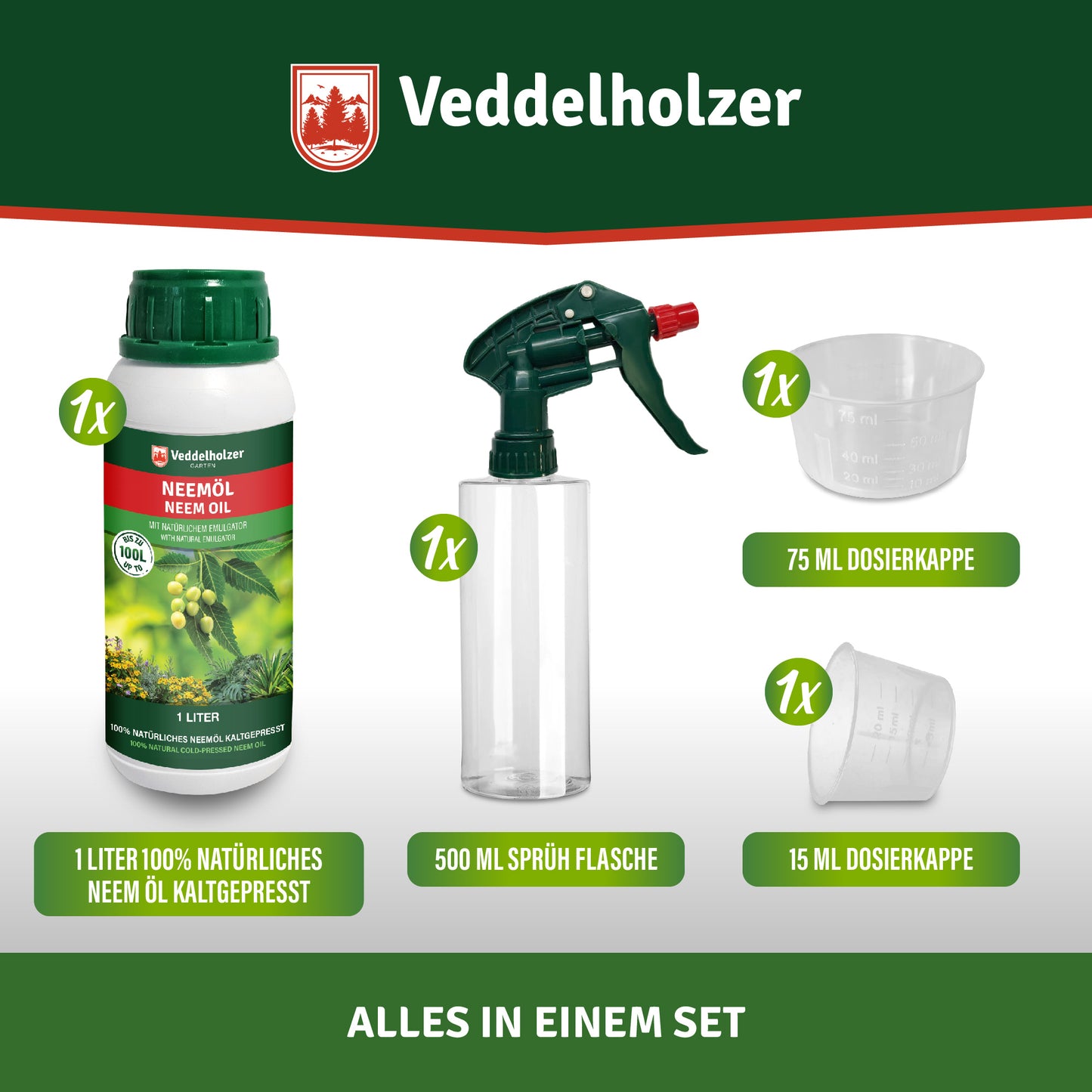 1000 ml premium cold-pressed 100% natural neem oil with natural emulsifier + 500 ml spray bottle & 2 measuring cups