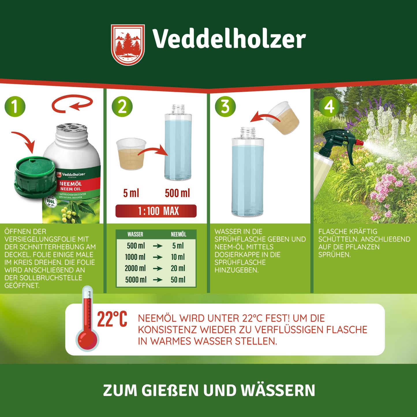1000 ml premium cold-pressed 100% natural neem oil with natural emulsifier + 500 ml spray bottle & 2 measuring cups