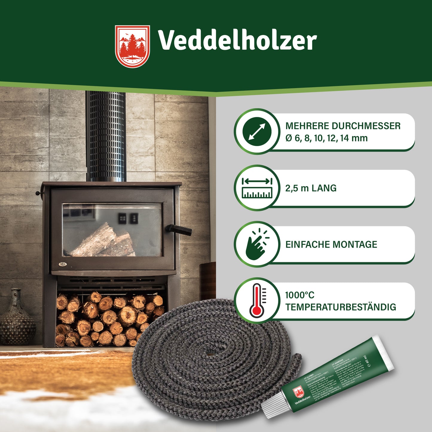 Veddelholzer Ofendichtschnur – Hitzebeständig für Kamin & Ofen (Größenwahl)