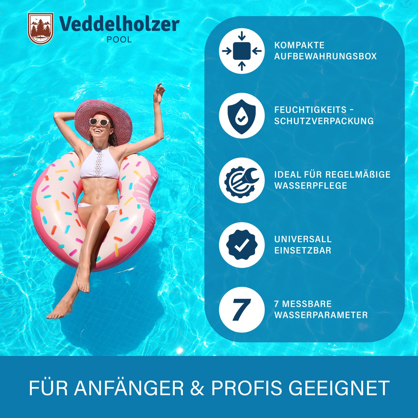 Veddelholzer 7-in-1 Pool Teststreifen 150 Stück – pH, Chlor, Brom, Härte & Alkalinität messen | Wasseranalyse für Pool & Spa