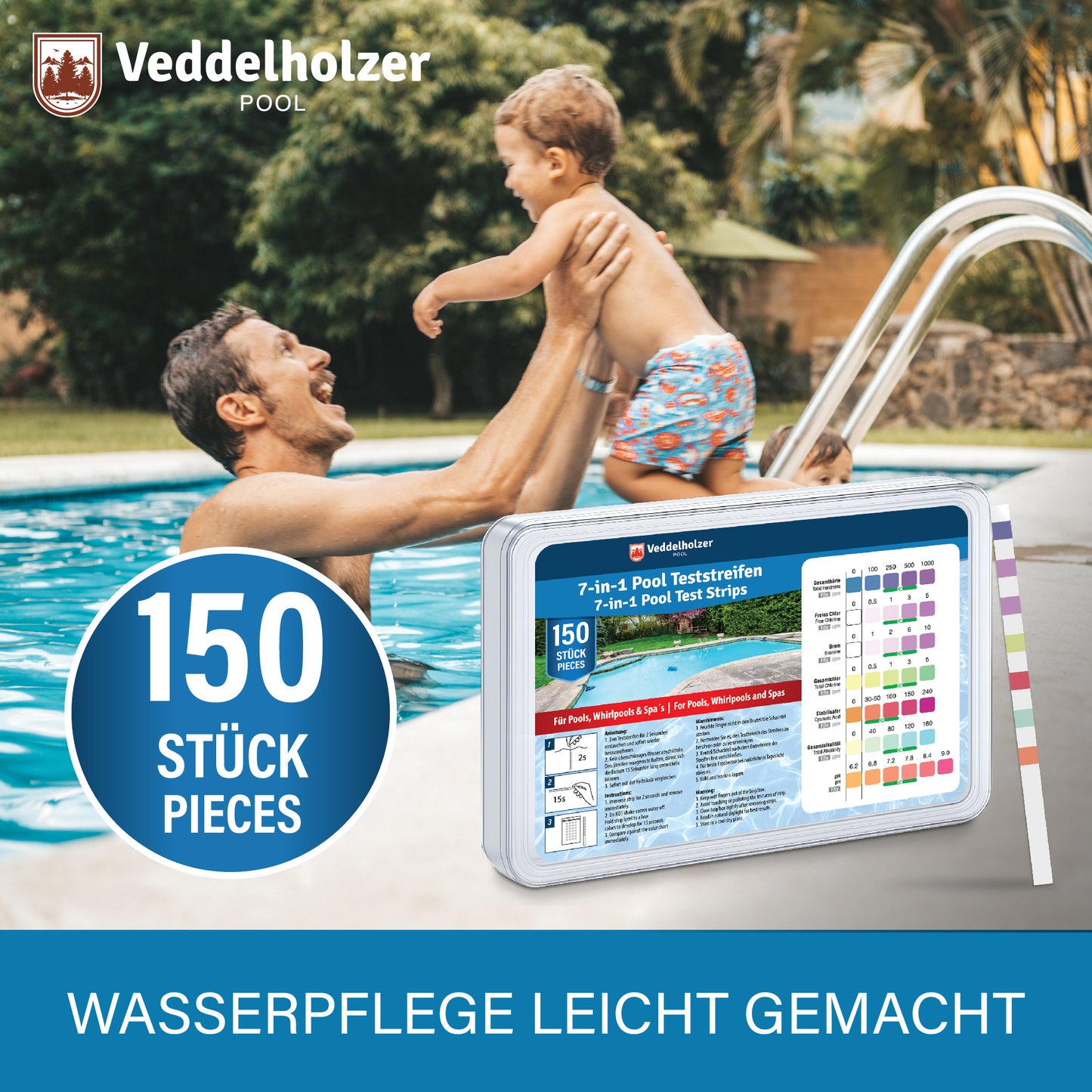 Veddelholzer 7-in-1 Pool Teststreifen 150 Stück – pH, Chlor, Brom, Härte & Alkalinität messen | Wasseranalyse für Pool & Spa