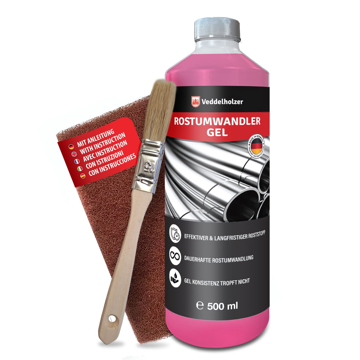 Veddelholzer Rostumwandler Gel 500ml Set – inkl. Pinsel & Schleifvlies