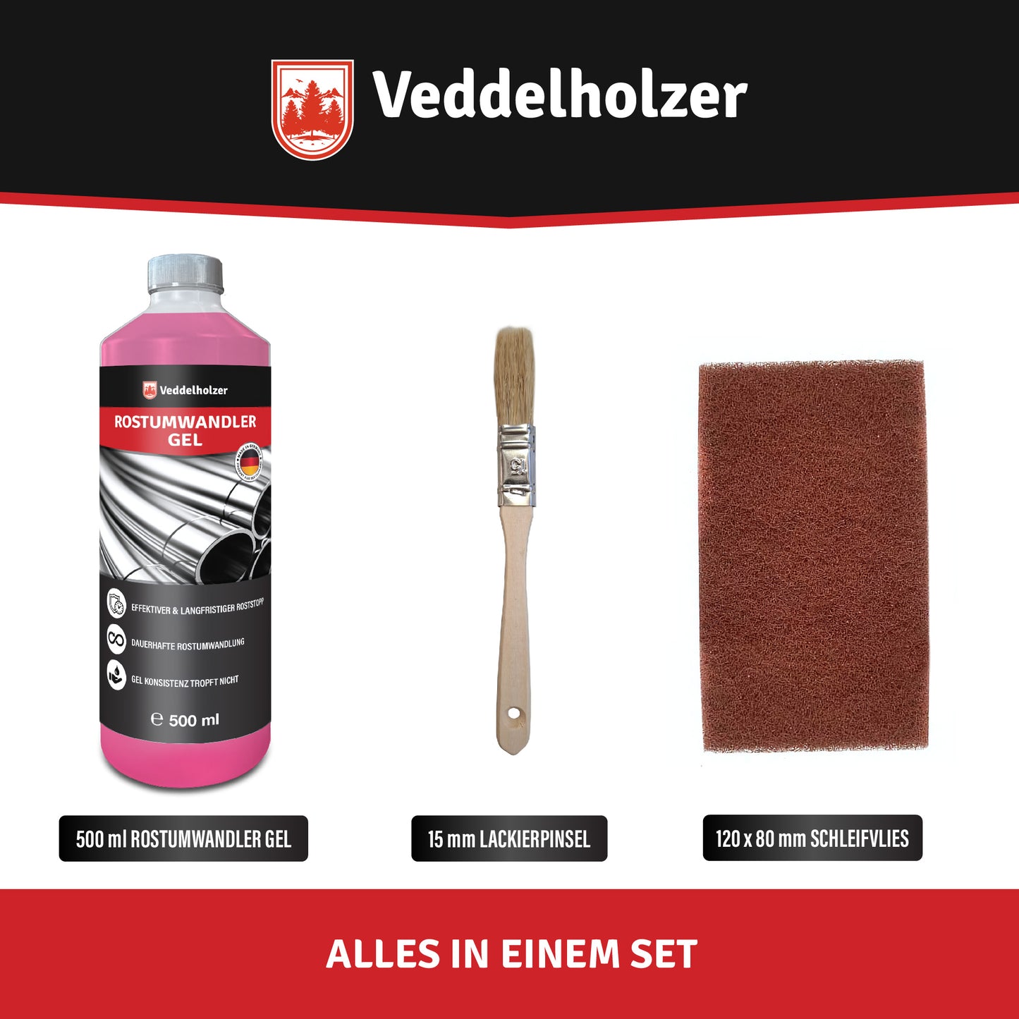 Veddelholzer Rostumwandler Gel 500ml Set – inkl. Pinsel & Schleifvlies