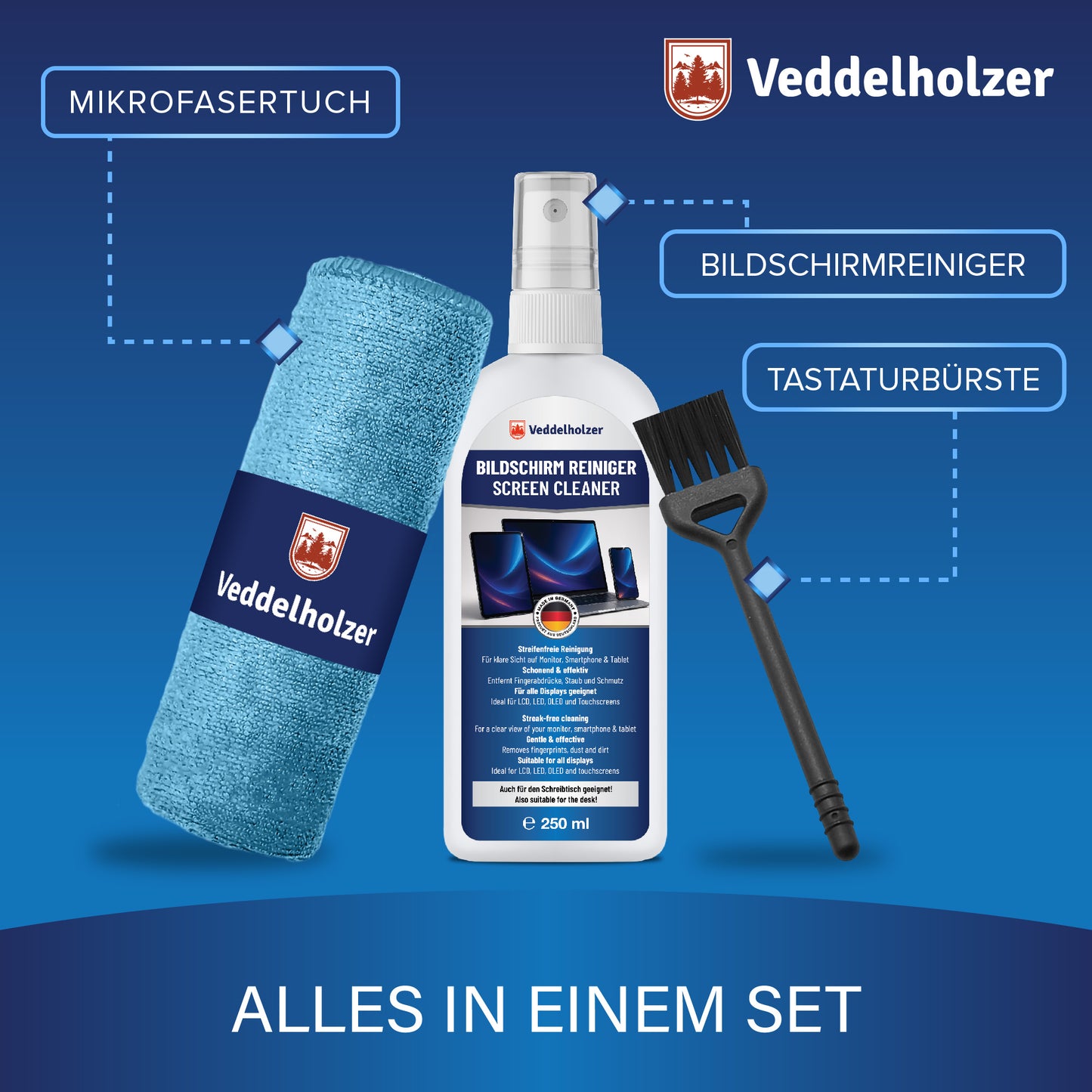 Veddelholzer Bildschirmreiniger Set 250ml – Displayreiniger mit Tuch & Pinsel