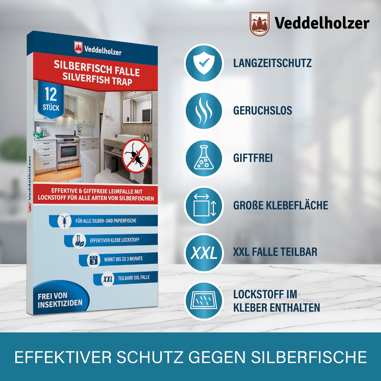 Veddelholzer Silberfischfalle XXL teilbar – 12 Stück mit Köder Lockstoff