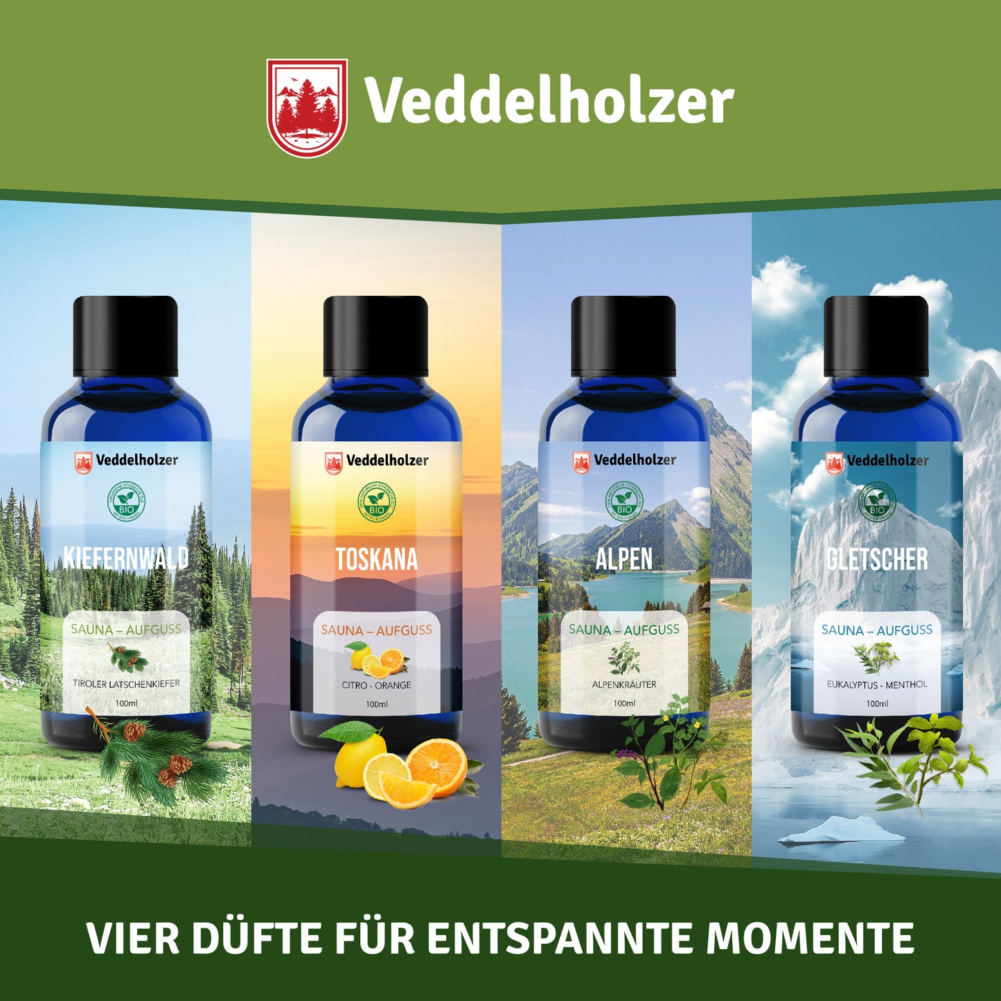 Veddelholzer Saunaaufguss Set – 4 x 100ml Duftkonzentrat
